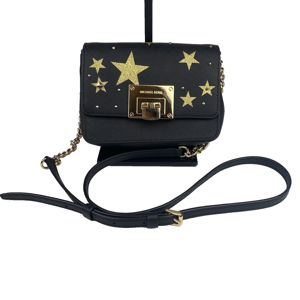 Michael Kors Illustration Star Tina Clutch Crossbody Small Purse Black Gold